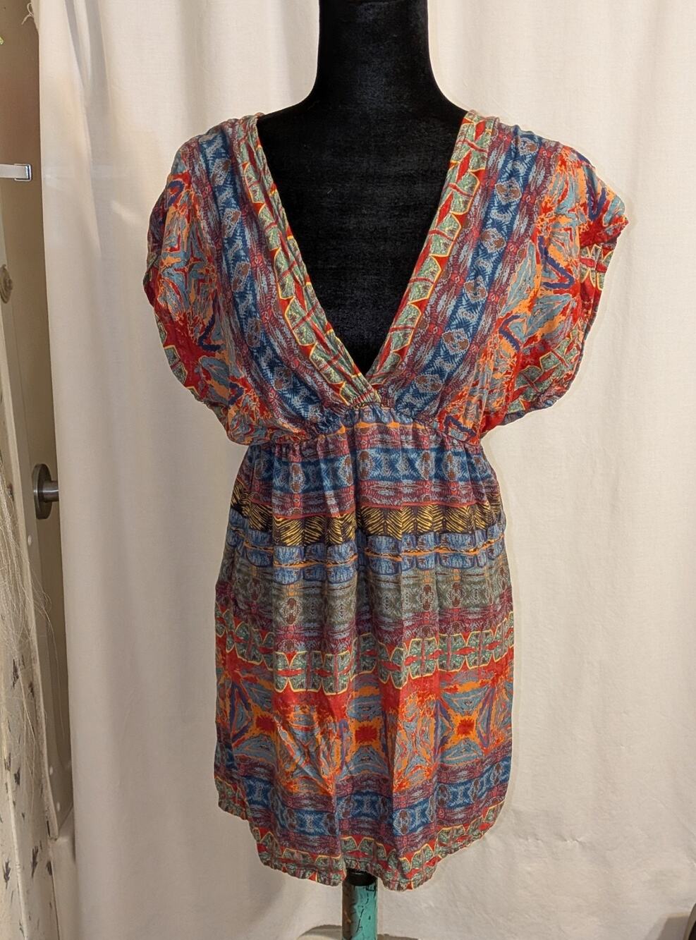 VTG Y2K Angie Indian Rayon Boho Tunic Tribal Fractal Print Blouson Sz S